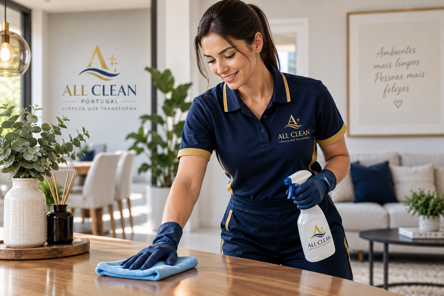 Profissional da All Clean Portugal, de uniforme azul-marinho, a limpar uma mesa numa sala moderna e luminosa